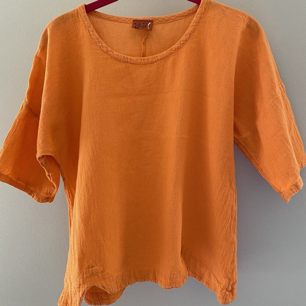 Oh My Gauze! Scallop Cotton Gauze Blouse Lagenlook Short Sleeve Size 1 - Picture 2 of 11